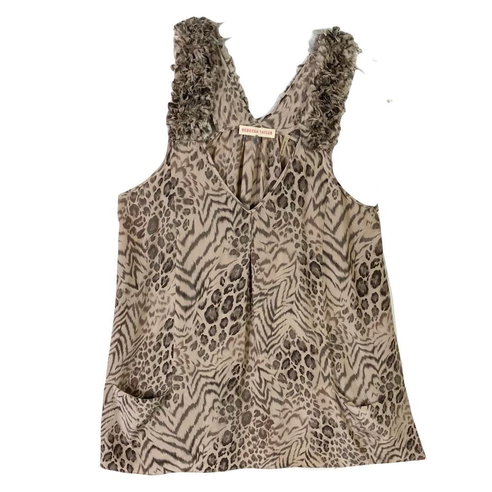 NWOT REBECCA TAYLOR Blouse 6 Taupe Silk Animal A Line Ruffle Shoulder Ruffle